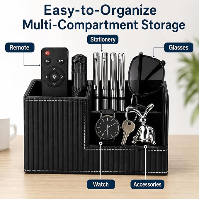 KINGFOM Desk Pen Organizer Office Supplies Caddy Pu Leather Multi-function Storage Box Pen/Pencil,Cell phone, Business Name Cards Remote Control Holder (Black)
