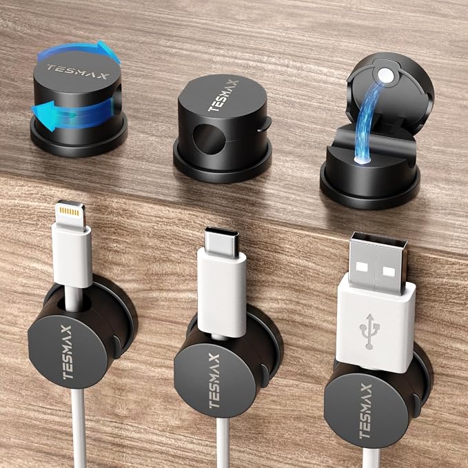 6Pack Magnetic Cord Holder 360° Rotating, 1s Lock Adhesive Desk Organizers | 8mm Cable Pass-Through, One-Hand Easy Installation for Cable Management, Phone Charging Wires Nightstand Car Home Office