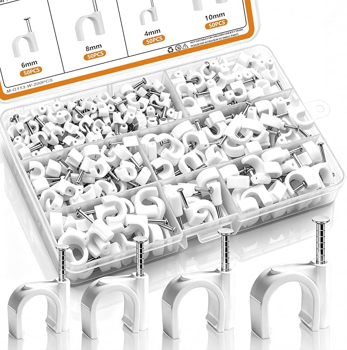 mankk 200PCS Cable Clips Nail in Cable Clips Wire Clips 4/6/8/10mm Round Ethernet Cables Wall Clips for Cords RG6 RG59 CAT5 CAT6 RJ45