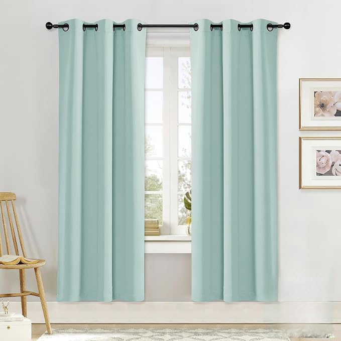 NICETOWN Black Out Curtain Panel Shade, Single Piece, 34 inches Wide by 72 inches Long, Aqua Blue, Solid Energy Efficient Eyelet Top Window Blind for Guest Room