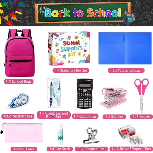 Gilprop 126 Pcs 2026 Middle High School Supplies Kit with Backpack for Student 6-12 Grades, Back to School Supplies Bulk Bundle Essential Notebook Calculator for Senior Student(Hot Pink)