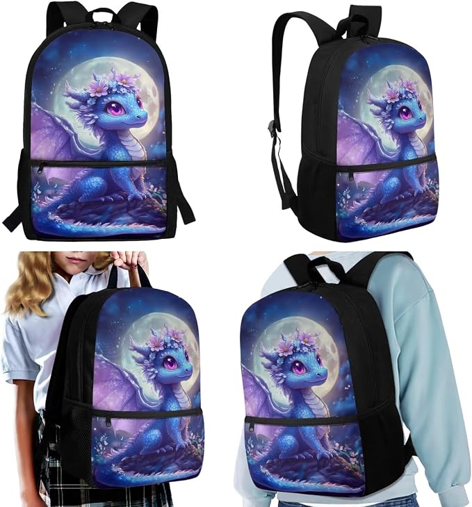 WELLFLYHOM Cute Dragon Backpack for School Girls 6-8 4 in 1 Book Bag with Lunch Box Pencil Case Water Bottle Sleeve Moon Elementary Students School Bag Set Kids Back to School Supplies