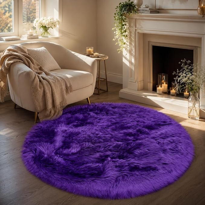 EasyJoy Faux Sheepskin Rug, Fluffy Faux Fur Rug, Ultra Soft Shag Area Rug with Non-Slip Backing for Bedroom, Living Room, Nursery, Kids Room(4 x 4 ft Round, Dark Purple)