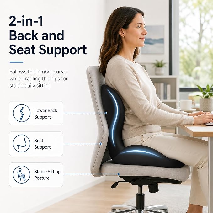 2-in-1 Ergonomic Seat Cushion with Lumbar Support, L-Shaped Memory Foam Chair Cushion with Hollow Center, Five-Zone Sitting Support for Office Chair, Car, Truck, Gaming, Wheelchair, Long Sitting