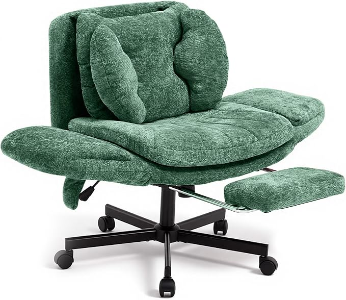 Criss Cross Office Chair with Footrest and 5-Gear Adjustable Arms, Green | Wide seat cross-legged desk chair, flip lumbar pillow, airbag support, chenille fabric, for home office vanity and meditation