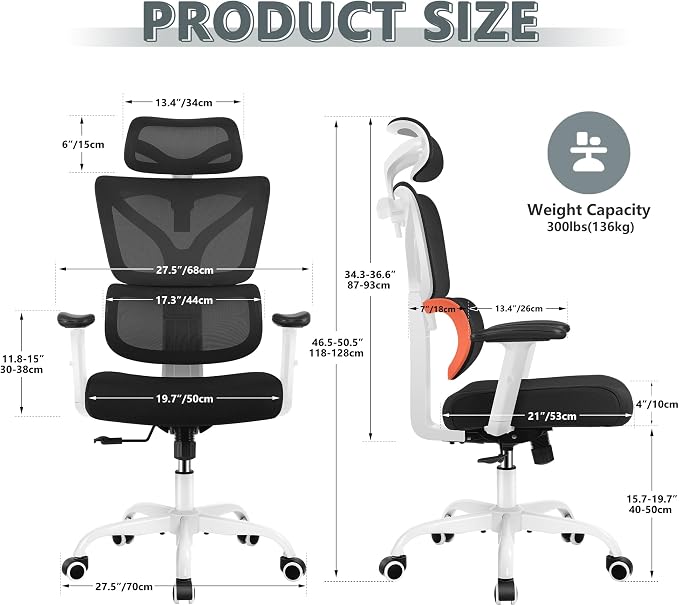 Winrise Office Chair Ergonomic Desk Chair, High Back Gaming Chair, Big and Tall Reclining chair Comfy Home Office Desk Chair Lumbar Support Breathable Mesh Computer Chair Adjustable Armrests(W-Orange)