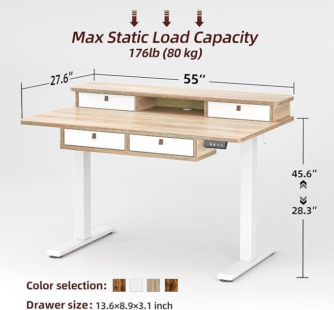TIQLAB 55 * 28 Inch Standing Desk with Four Drawers, Electric Sit Stand Table, Stand Up Desk Adjustable Height with Storage Shelf, Splice Board, Maple