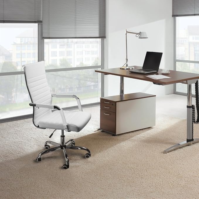 Furmax Ribbed Office Desk Chair Mid-Back PU Leather Executive Conference Task Chair Adjustable Swivel Chair with Arms (White)