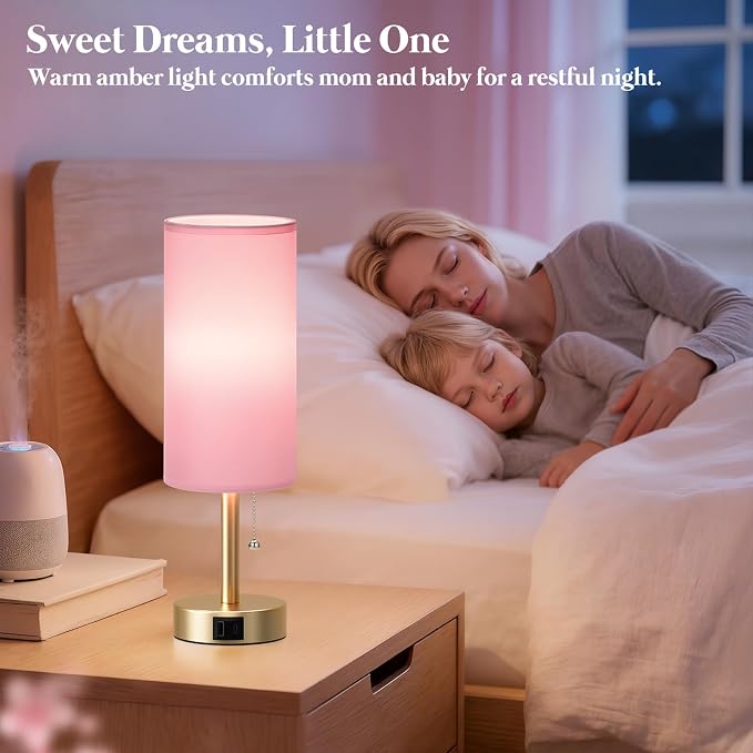 Dicoool Pink Bedside Table Lamp for Bedroom, Small Nightstand Lamp for Girls, 3 Color Temperatures & USB Charging Port, Cute Desk Lamp for Kids Teens Room Decor, Dorm Room Essentials