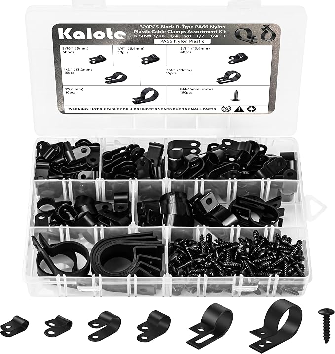 320Pcs Black PA66 Nylon R Type Cable Clamps Clips Assortment Kit | Good Ductility, Fireproof, 6 Sizes (3/16'' 1/4'' 3/8'' 1/2'' 3/4'' 1''), 160pcs M4 Screws, for TV/PC/AC Cables & Wires.