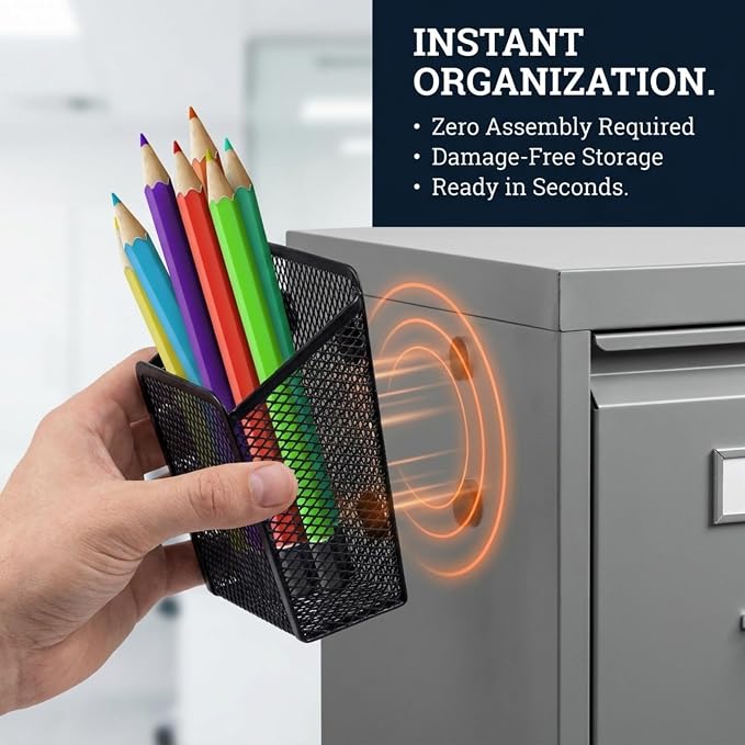 Performore Magnetic Metal Mesh Pencil Holder, Black Stainless Steel Pen Holder with Magnets, Basket Storage Organizer for Whiteboard, Blackboard, Kitchen, Locker, Home, or Office (1)