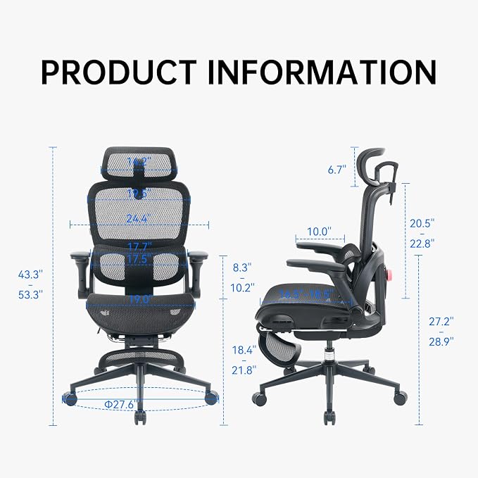 SIHOO B300 PRO Ergonomic Office Chair with Footrest, Adjustable Mesh Desk Chair with 4-Directional Lumbar & Height-Adjustable Backrest, 6D Armrests, Swivel Computer Chair for Long Hours, Black