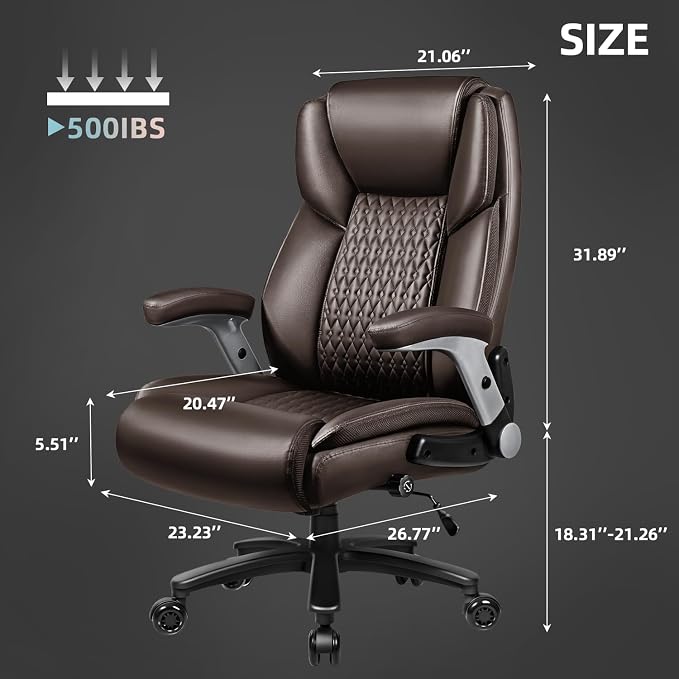 VITESSE 600lbs Big and Tall Office Chair with Flip up Armrest, Large Heavy Duty with Ergonomic Lumbar Support, Executive Office Chair for Heavy People with Rubber Wheel(Brown)