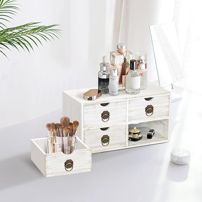 Wood Desk Organizer, White Wooden Desktop Organizer with Drawer, Tabletop Storage Organization Box for Countertop, Home Office Supplies Bills, 13.5x6.6x7.09 Inch(4 Drawer)