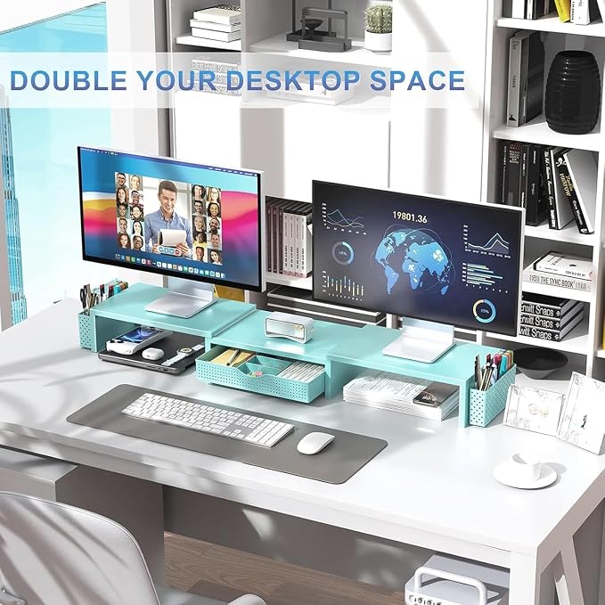 gianotter Dual Monitor Stand Riser, Desk Organizer With Drawer and 2 Pen Holders, Monitor Stand for Desk, Office Decor Essentials (Blue)