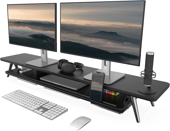 Fenge Dual Monitor Stand Riser, Wooden Desk Shelf with 2-Tier Storage | 47.3-Inch Extra Wide, Sturdy Aluminum Legs, Built-In Phone & Tablet Slot, Desktop Organizer for Office Accessories