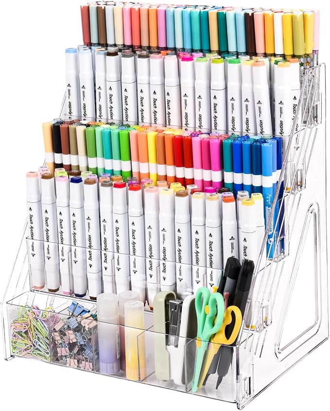 CELSOL Acrylic Desk Organizer – 5 Tier 25 Compartments Vertical Storage for Pens, Markers, Art Supplies & Office Accessories – Clear Desk Storage Solution for Home, Office & School