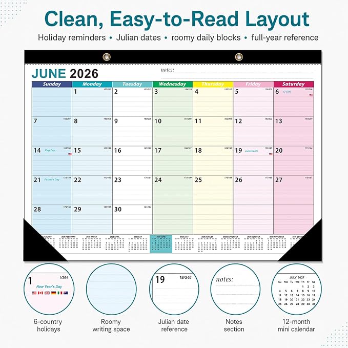 Desk Calendar 2026-2027 - Ougesi 19 Month Desk Top Calendar June 2026 - Dec 2027,17x12 Academic Desk Calendar with Thick Paper, Large Blocks for Home & Office (Colorful)