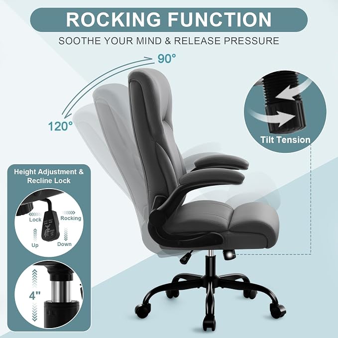 Executive Office Chair,High Back Ergonomic Comfy Desk Chair with Padded Flip-up Armrests and Wheels,PU Leather Heavy Duty Computer Swivel Rolling Task Chair for Home Office,Adults,Gray
