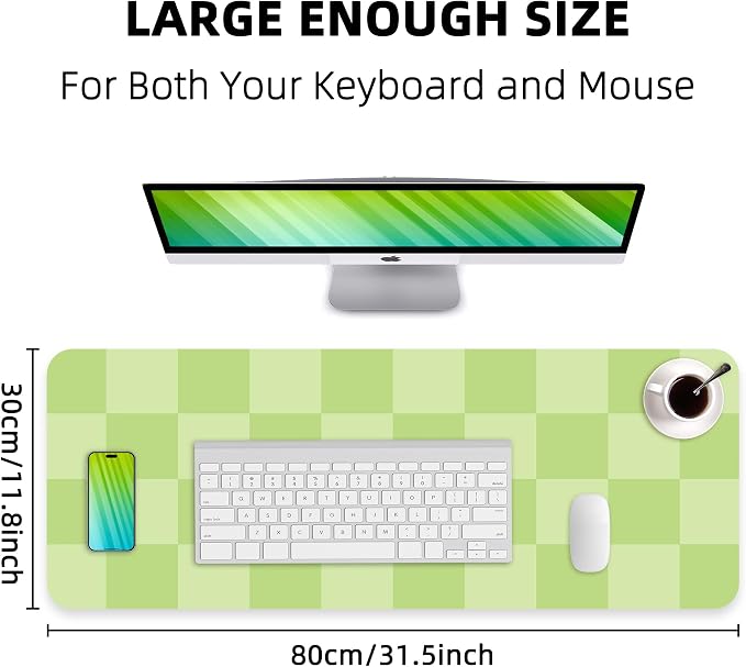 AFIING Green Checkered Desk Mat 31.5" x 12", Waterproof Desk Pad | Non-Slip Rubber Base, Easy Clean Surface, Checkered Design, Office & Home