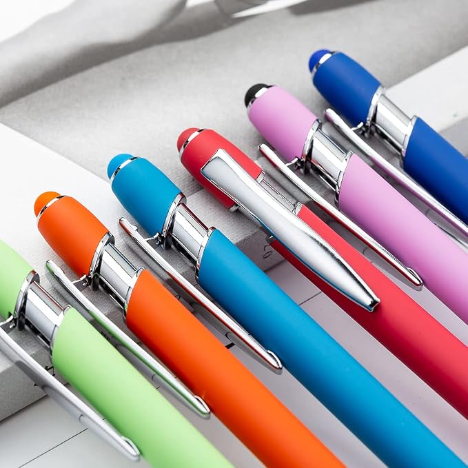 PASISIBICK 12 Pieces Rainbow Rubberized Soft Touch Ballpoint Pen with Stylus Tip, Stylish, Premium Metal Pen, Black Ink, Medium Point(Pack of 12)
