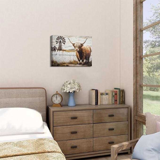 Farmhouse Highland Cow Wall Art Windmill Barn Pictures Western Wall Decor for Kitchen Living Room Country Farm Animals Canvas Paintings Rustic Landscape Poster Prints Artwork Cabin Decorations 12x16"