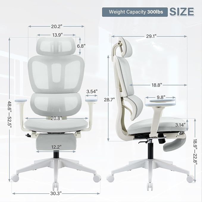 Ergonomic Office Chair with Retractable Footrest, Light Grey | High Back Design, Dynamic Lumbar Support, 2D Headrest & 2D Armrests, Breathable Mesh Back for Home Office