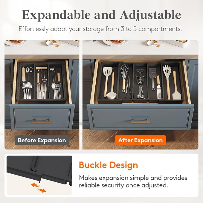 Lifewit Utensil Organizer, Adjustable Kitchen Drawer Organizer, Expandable Cooking Utensil and Cutlery Tray, Plastic Divider Holder Black 11.4-19.8" x 14.5"