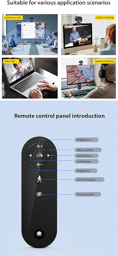 Webcam for PC, AI Auto Tracking, Remote Control, in-line Dual Noise Canceling Microphones, Full HD 1080P Video Calls, 73° Angle View, Privacy Shutter, USB Plug and Play, Low Light Correction