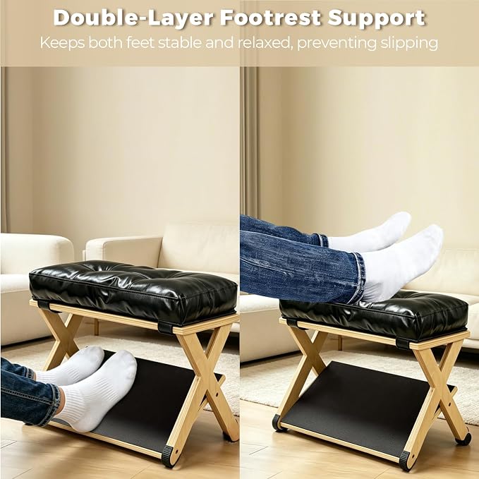 Double Step Foot Rest Under Desk, Ergonomic Foot Stool with Cushioned Top & Non-Slip Surface, Wooden Under Desk Footrest for Work, Office Chair, Home & Gaming