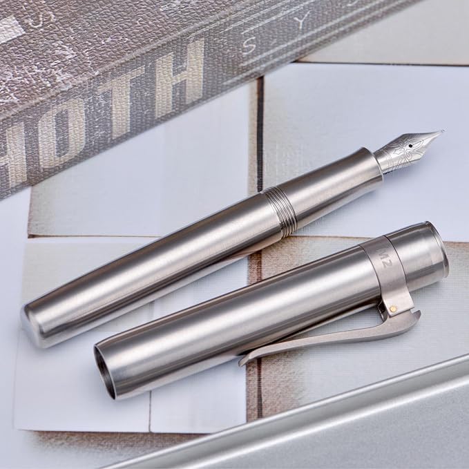 HONG DIAN M2 Titanium Mini Fountain Pen, Extra Fine Soft Nib & Sleek Shape Metal Short Pocket Travel Pen (Titanium Gray)