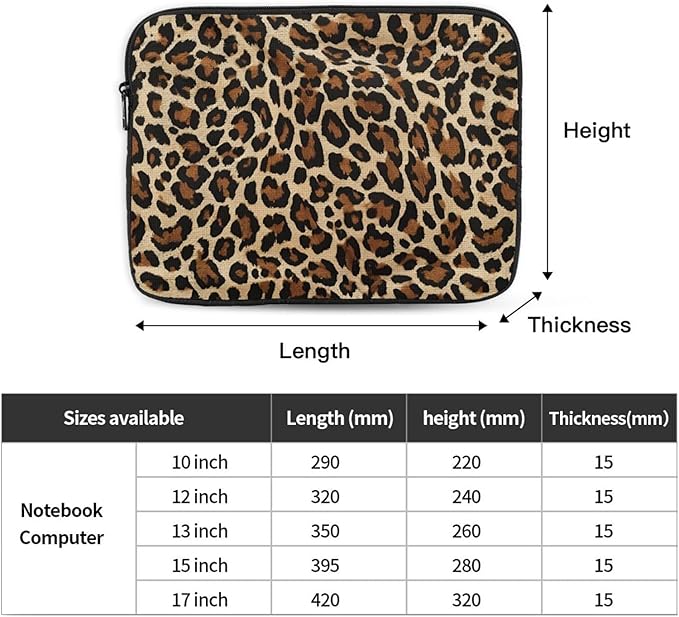 Brown Leopard Print Laptop Sleeve 12 inch, Slim Laptop Bag Case with Zipper, Portable Tablet Computer Carrying Case for Men Women