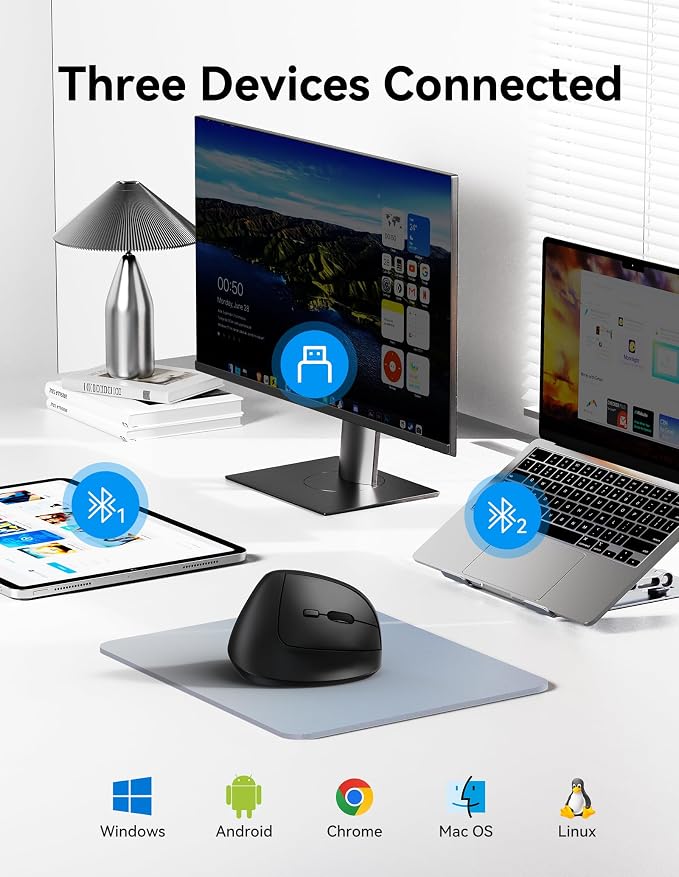 TECKNET Ergonomic Mouse, Wireless Bluetooth Vertical Mouse (BT5.3/3.0 & 2.4G) Rechargeable 4800 DPI Optical Mouse with 6 Adjustable DPI, Quiet Clicks, USB A Receiver, 6 Buttons - Wide Compatibility