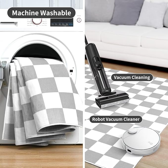 Terrug Grey and White Checkered Rug for Bedroom,4x6 Area Rugs Washable with Non Slip for Living Room,Soft Low Pile Stain Resistance Retro Carpet for Dorm Kids Room