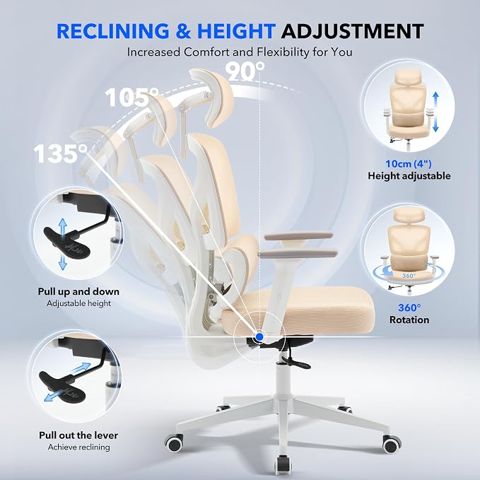 Office Chair Ergonomic Desk Chair - Home Mesh Office Desk Chair with Adjustable Lumbar Support, High-Back Computer Gaming Chair with Headrest 3D Armrests, Rolling Swivel Task Chairs for Home, Office