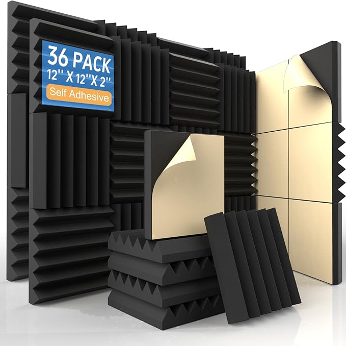 36 Pack Self-Adhesive Acoustic Foam Panels, 12 x 12 x 2 Inches High Density Wedge Sound Proof Foam Panels for Walls, Fire Resistant Soundproof Wall Panels for Home Office & Studio (Black)
