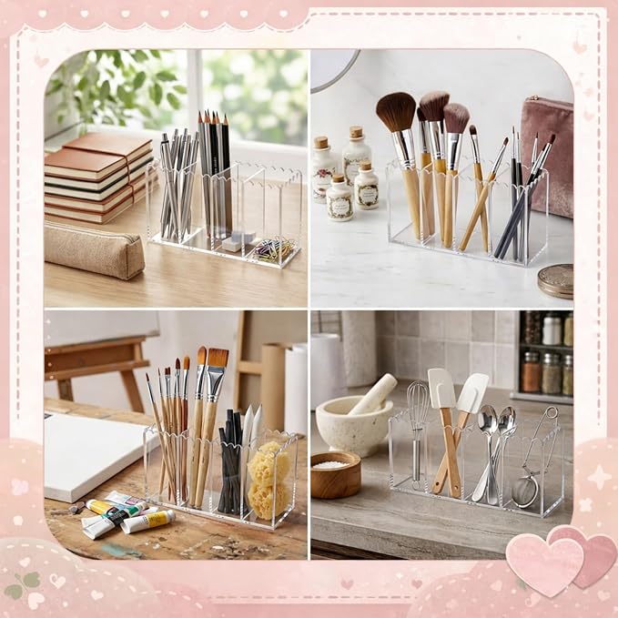 Scalloped Acrylic Pencil Holder for Desk, Clear Pen Organizer with 4 Compartments, Marker Makeup Brush Holder Remote Caddy for Home, Office, Bathroom, Classroom, Table