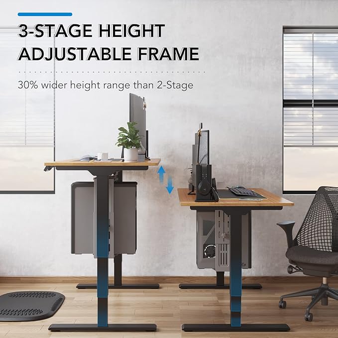 Pro Bamboo 3 Stages Dual Motor Electric Standing Desk 48x24 Inches Whole-Piece Desk Board Height Adjustable Desk Electric Stand Up Desk Sit Stand Desk(Black Frame + Bamboo Desktop)