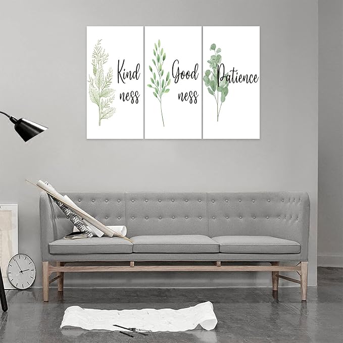3 Piece Inspirational Wall Art, White Plant Background Picture, Quote "Kind Good Patience" Canvas Print for Office Decor, Triptych Entrepreneur Painting Framed Artwork for Home Wall Decor (36"Wx18" H)