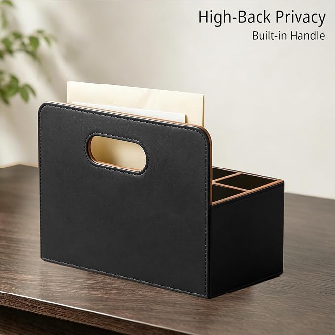 Mail Organizer Countertop, Pencil Holder, Office Supplies File Bill Sorter | PU Leather Modern 5-Slot Workspace Storage box,Remote Caddy for Stationery,Glasses,Letter,Pen,Desk Accessories, Home Decor