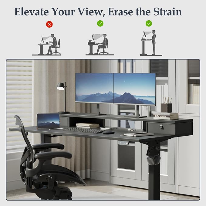 Klicelor 48 x23 Inch Electric Standing Desk with Drawers, Adjustable Height Small Sit Stand Desk for Home Office, Compact Computer Workstation with Storage– Black