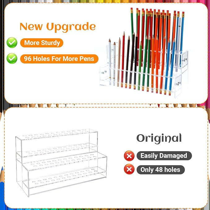 2 Pcs 2-Tier Clear Acrylic Pen Holder with 96 Slots - Multi-Hole Acrylic Pen Display Stand for Organization, Perfect Makeup Brush Holder & Art Brush Rack Organizer for Office Desk, Craft Shows