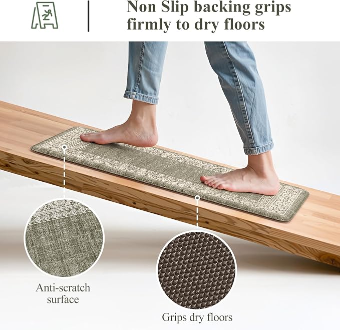 LEEVAN Anti Fatigue Kitchen Mats for Floor, Cushioned Kitchen Mat Set 2PCS | 17.3"x29"+17.3"x47", Boho Floral Green Kitchen Rugs Non-Slip, Waterproof Ergonomic Standing Mats for Laundry, Office & Sink
