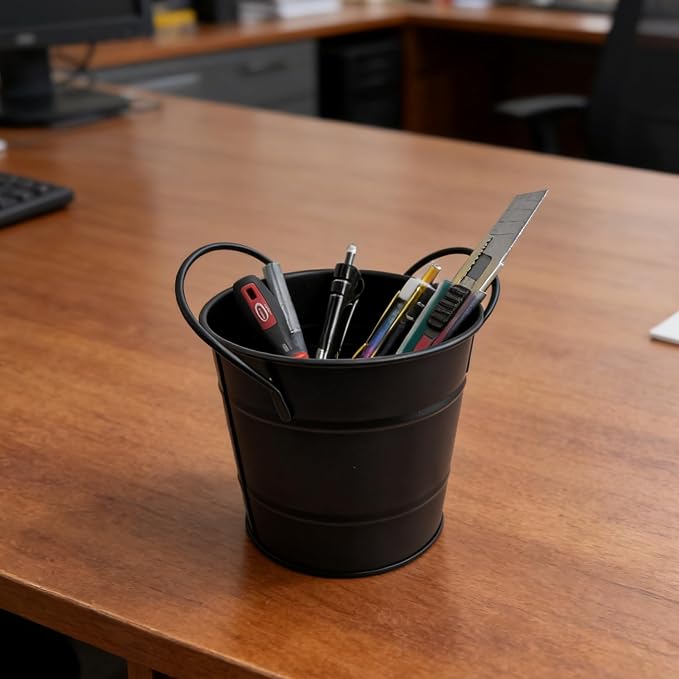 Fengtaiyuan T9，Matte Black Metal Storage Bucket, 5.95.14.7 inches Multi-functional Desktop Organizer for Home Office Garden (T19)