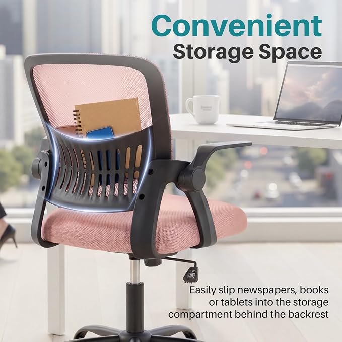 OLIXIS Ergonomic Office Desk Chair, Executive Mid-Back Computer Chair with Comfortable Lumbar Support & Rocking Mode, Height Adjustable with Flip-up Armrest, 360° Swivel, for Adults, Pink