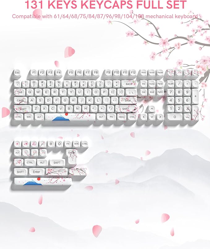 131 Cute Keycaps MOA Cherry Blossom keycap Theme Japanese Keycap Set for Mechanical Keyboard for 61/68/84/87/98/99/100/104/108 Keys,White(Only Keycap Set)