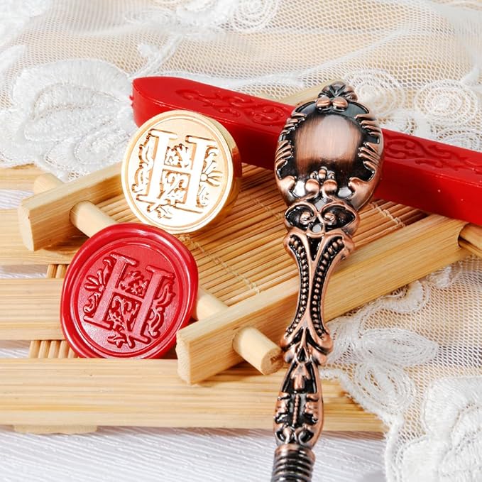 Wax Seal Stamp kit, Envelope Wax Seals DIY Kit - Retro Sealing Wax Candle + Classic Initial Alphabet Seal Wax Seal Stamp Letter H - in Blue Gift Box