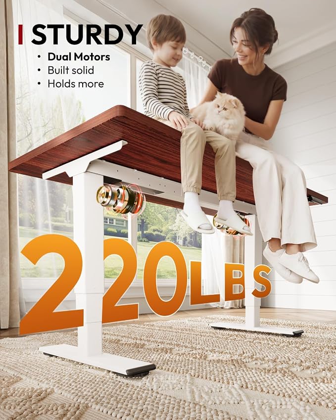 SANODESK Dual Motor Standing Desk 220lbs Height Adjustable Desk | 60"x24" Spacious One-Piece Mahogany Desktop & White Frame, 4 Memory Presets, 3-Stage Legs, 220lbs, 2-Box for Home & Office