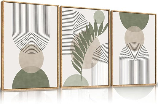 Framed Sage Green Boho Wall Art for Bedroom, Beige and Green 3 Piece Minimalist Artwork for Walls, Geometric Leaf Line Boho Small Paintings Prints for Hallway Kitchen Living Room Wall Decor, 12x16 In