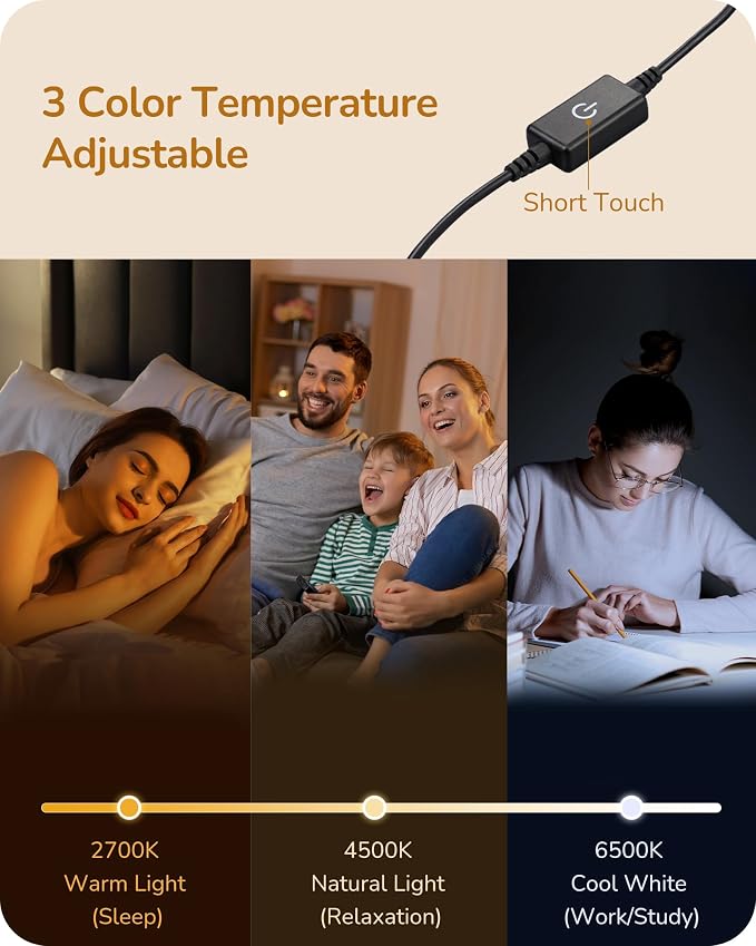 EDISHINE LED Table Lamp, Dimmable Bedside Lamp, 3 Color Temperature, Power Cord Touch Switch Desk Lamp, Upgraded Minimal Nightstand Lamp for Bedroom, Living Room, Gift, Metal Finish, Eye Caring, White